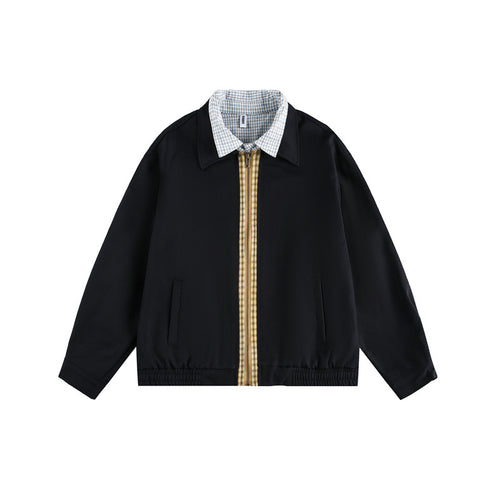 Unisex Boxy-Blousonjacke mit kontrastierender Reißverschlussleiste und kariertem Innenkragen Shop Nory