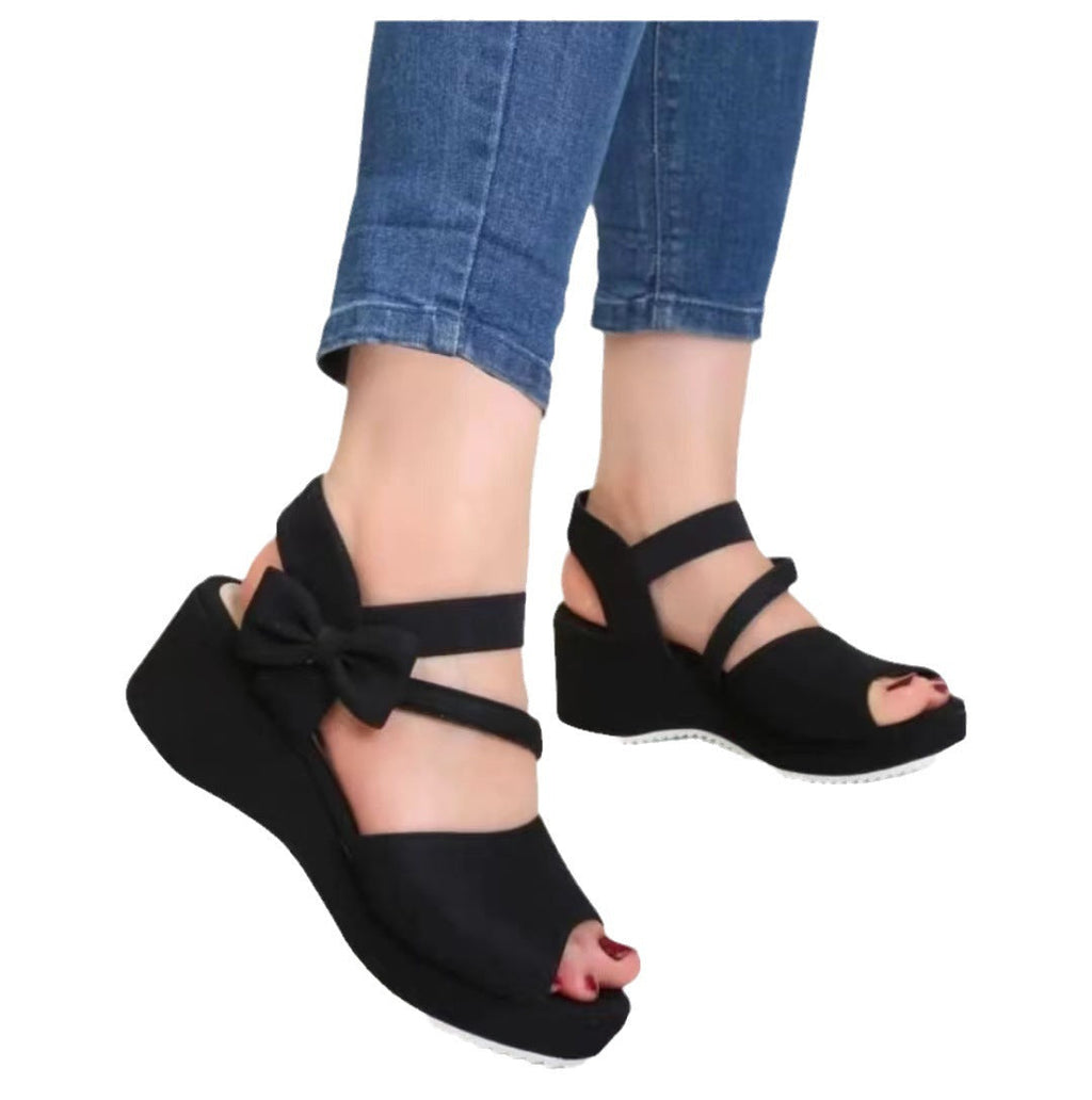 Damen Wedge-Sandalen mit dekorativem Schleifen-Detail und elastischem Riemen
