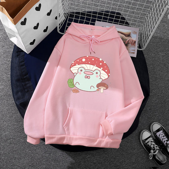 Damen nan weicher Oversize-Kapuzenpullover mit kawaii Pilzfrosch-Print, Kängurutasche und gerippten Bündchen Shop Nory