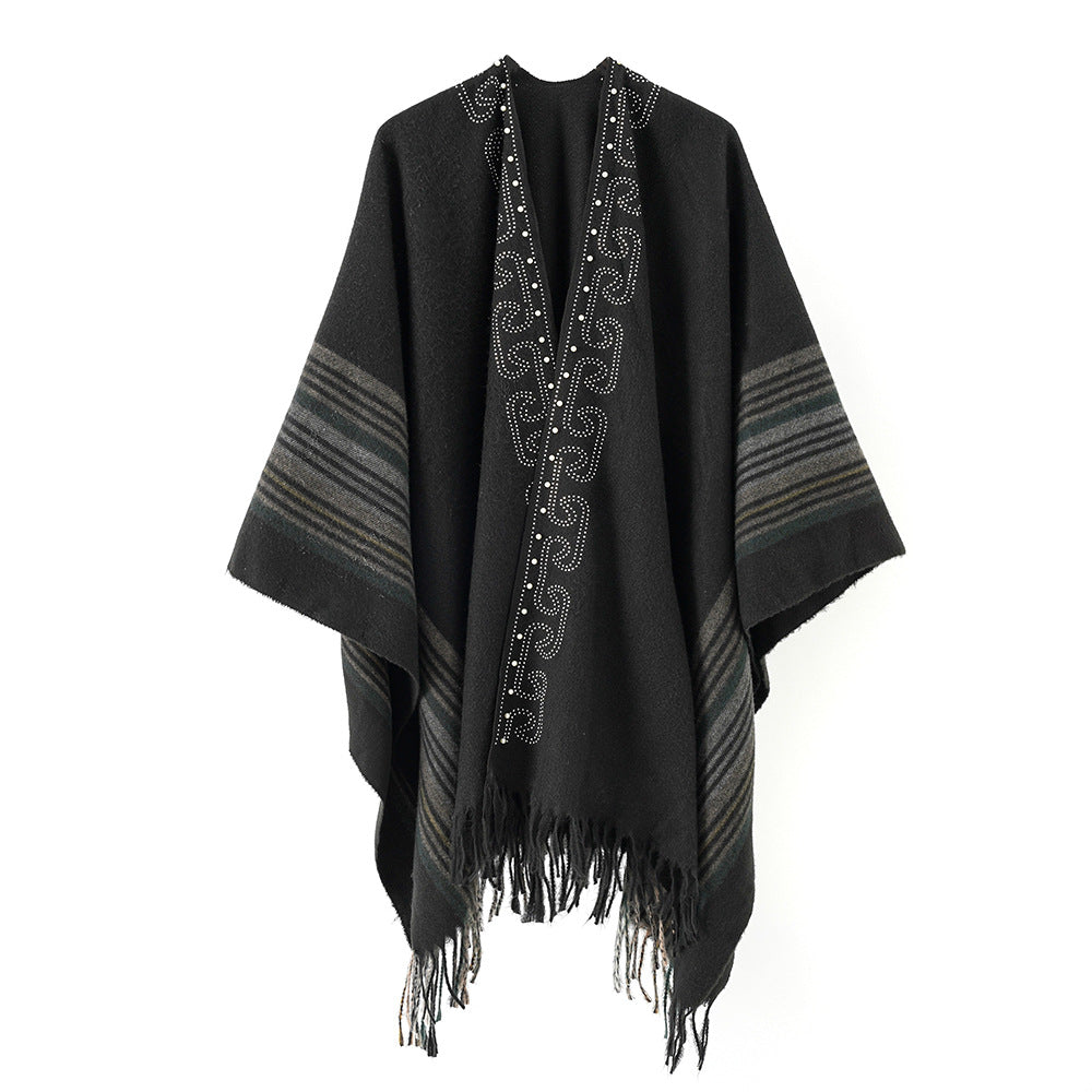Damen Wollmix-Poncho im Kimono-Stil mit Nietenbordüre und Fransensaum Shop Nory