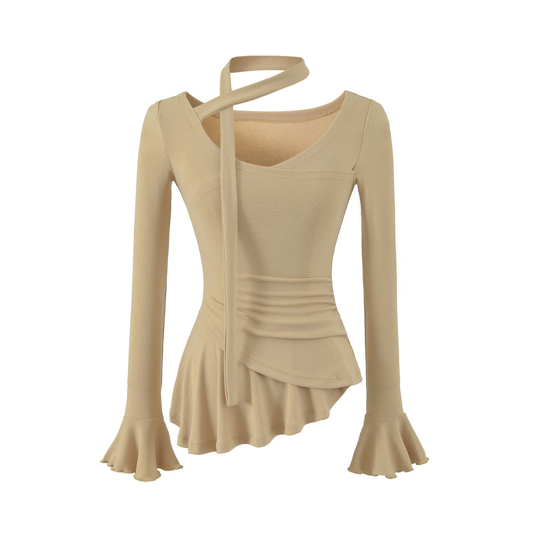 Damen Asymmetrisches tailliertes Langarm-Top mit Wickelschal, ausgestellten Volantärmeln und Stufenpeplum Shop Nory