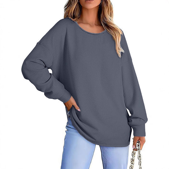 Damen Oversize Waffelstrickpullover mit Rundhals, Ballonärmeln und verlängertem Saum Shop Nory