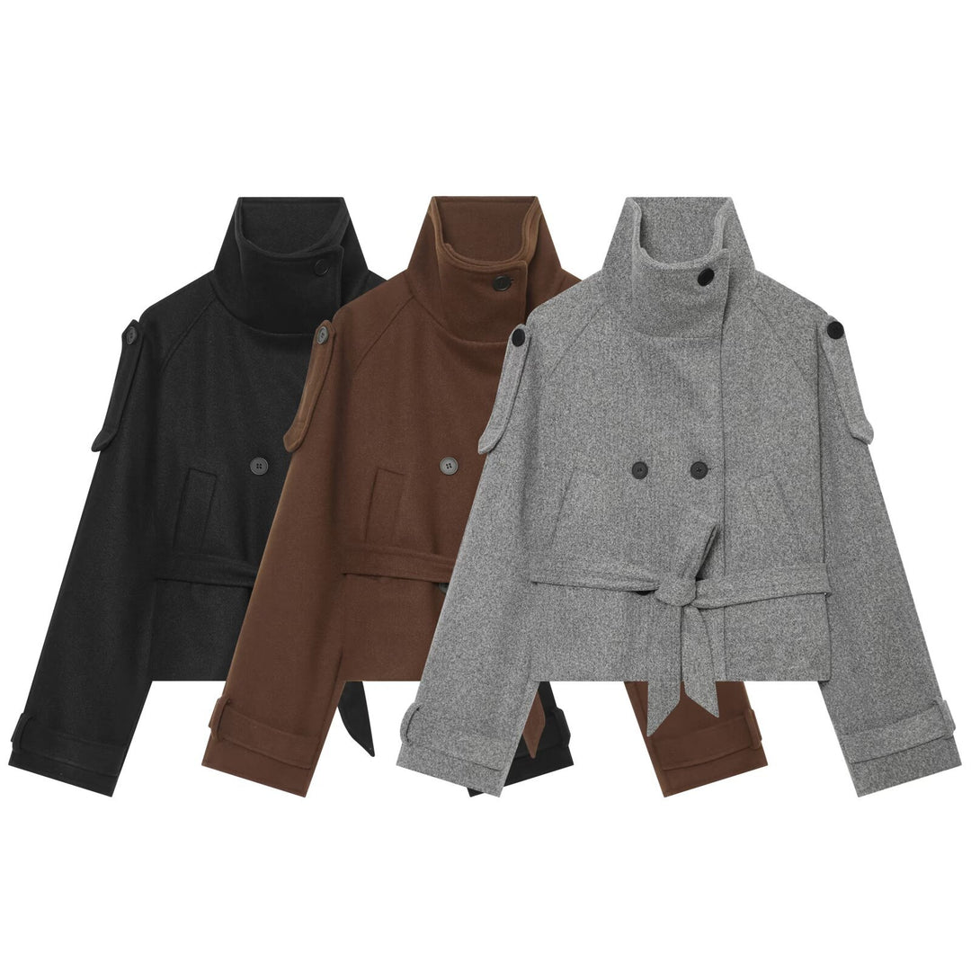 Damen Kurze Wollmix-Capejacke mit Taillengürtel und Funnelkragen Shop Nory