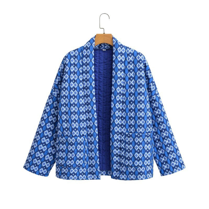Damen Gemusterte gesteppte Kimono-Jacke mit aufgesetzten Taschen Shop Nory