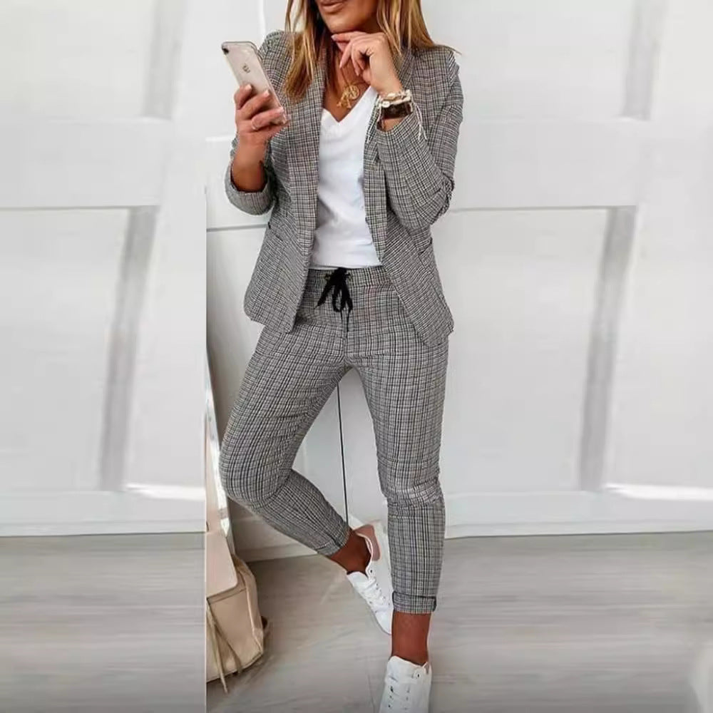 Damen Zweiteiler karierter Blazer und Slim-Fit Jogginghose mit Tunnelzug Shop Nory