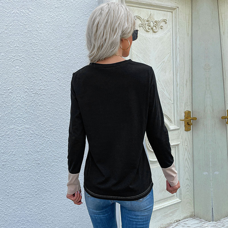 Damen Elegantes Colorblock-Langarmshirt mit V‑Ausschnitt und Brusttasche Shop Nory