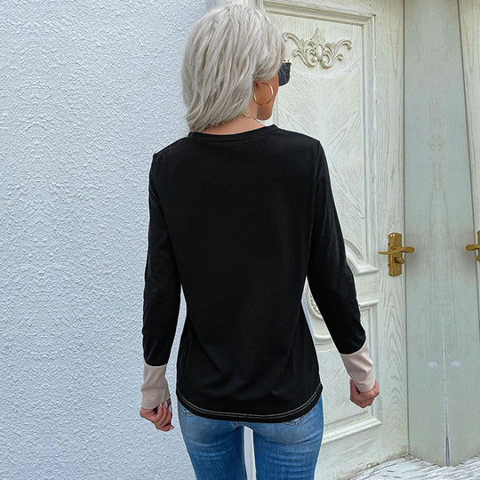 Damen Elegantes Colorblock-Langarmshirt mit V‑Ausschnitt und Brusttasche Shop Nory