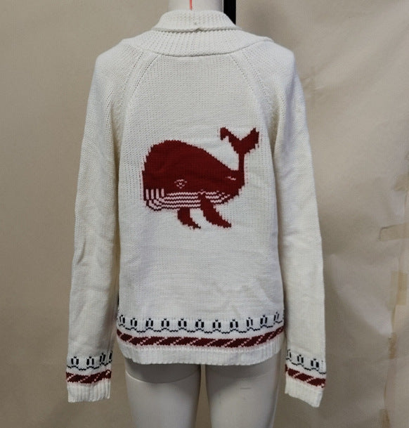 Damen Oversize Strickcardigan mit Walmotiv und nautischer Kontrastbordüre Shop Nory