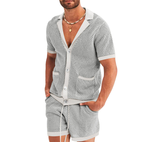 Herren nan offener Netzstrick-Cardigan mit passenden Kordelzug-Shorts