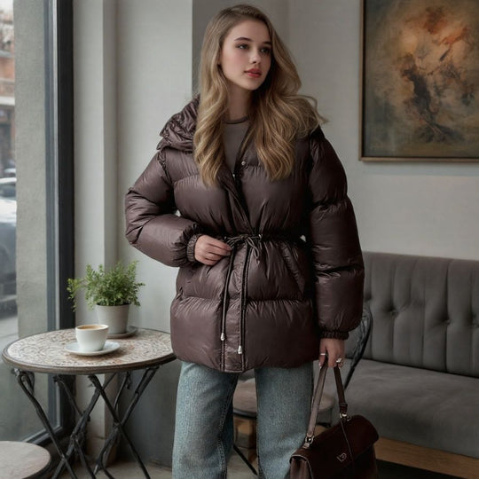 Damen Taillierte Steppjacke in Daunenoptik mit Tunnelzug und Kapuze Shop Nory