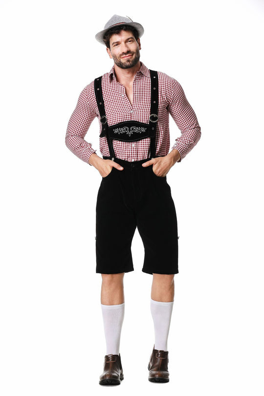 Herren nan authentische Trachten-Kniebundhose aus wildlederähnlichem Material mit verstellbaren Trägern und besticktem Brustlatz Shop Nory