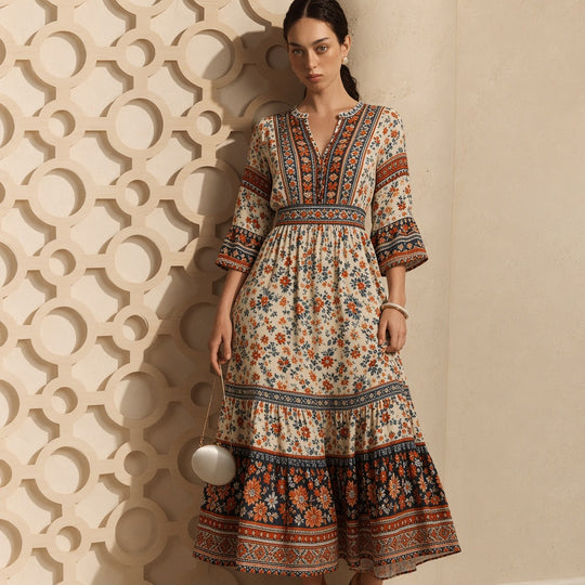 Damen langes Boho-Maxi-Kleid mit V-Ausschnitt geraffter Taille und mehrlagigem Stufenrock Shop Nory
