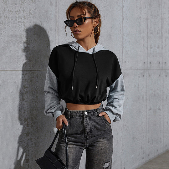 Damen Kurz geschnittener Cropped-Hoodie mit Colorblock-Ärmeln, Tunnelzug und elastischem Saum Shop Nory