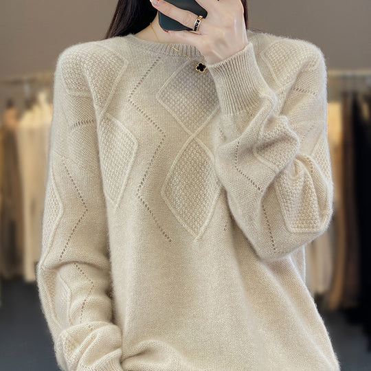 Damen Weicher Rautenmuster-Pullover im Mohair‑Look mit feiner Ajourstruktur und Rundhalsausschnitt Shop Nory
