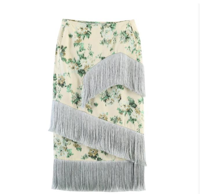 Damen Floral bedruckter Midirock mit diagonalem Fransenbesatz und schlanker Silhouette Shop Nory