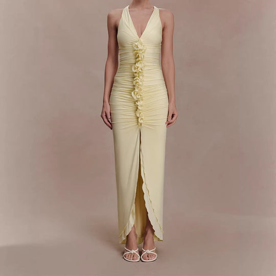 Damen Hochwertiges Abendkleid mit tiefem V-Ausschnitt und Raffungen