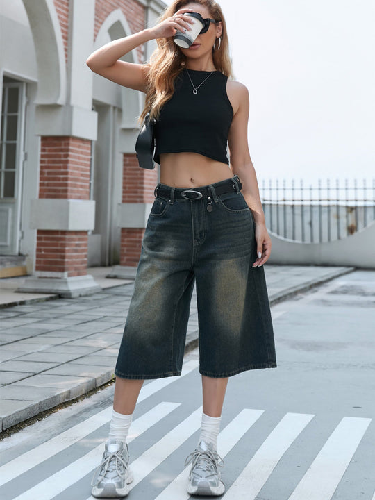 Damen Weite Denim-Culottes mit hohem Bund und praktischen Seitentaschen