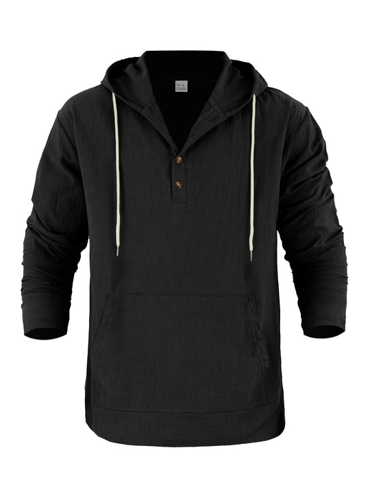 Herren Leichter Kapuzen-Henley aus Baumwoll-Leinen mit Kängurutasche Shop Nory