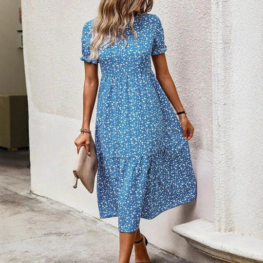 Damen nan ausgestelltes Midikleid mit hohem Rundhalsausschnitt, Puffärmeln, geraffter Empire-Taille und Stufensaum