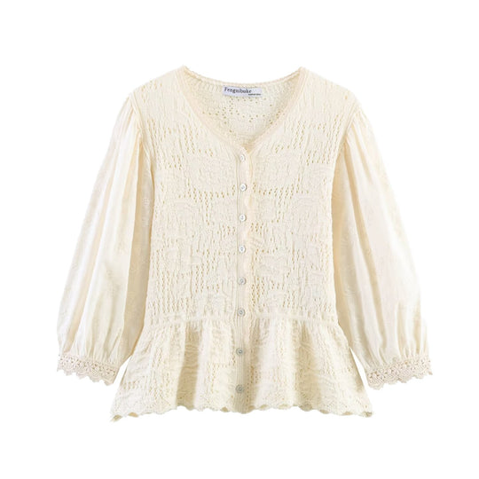 Damen Strickbluse mit Knopfreihe, Spitzenmanschetten und Volant‑Peplum Shop Nory