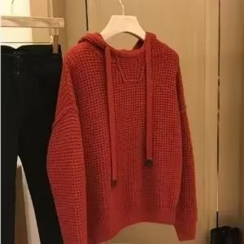 Damen Grobgestrickter Oversize-Kapuzenpullover mit Waffelstruktur und Kordelzug Shop Nory