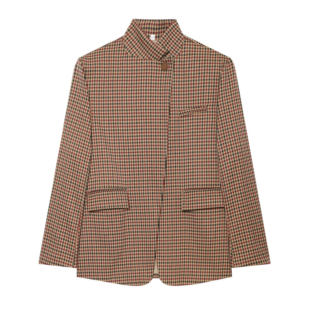 Damen Karierter Longblazer mit Stehkragen, verdeckter Knopfleiste und Pattentaschen Shop Nory