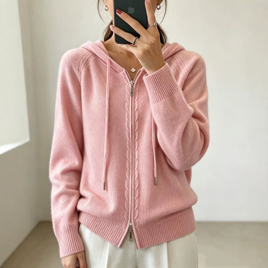 Damen Kapuzen-Cardigan mit Reißverschluss, feinem Feinstrick und gerippten Bündchen Shop Nory