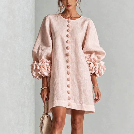 Damen Leinenkleid im A‑Linien‑Schnitt mit Ballonärmeln und 3D‑Blütenverzierung Shop Nory