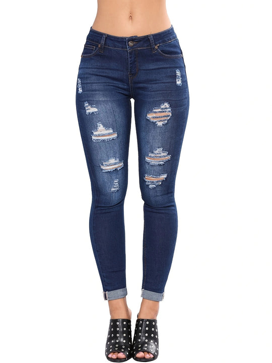 Damen Taillenhohe Superstretch-Skinny-Jeans mit strategischen Rissen und Umschlagsaum Shop Nory