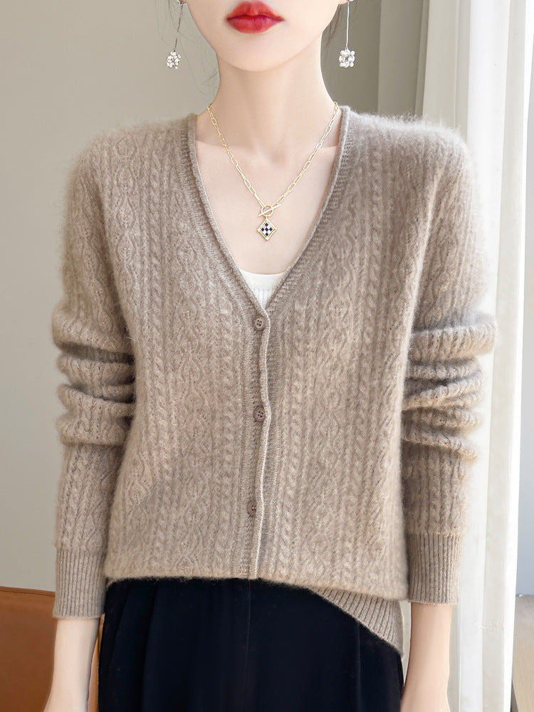 Damen Kurzer Zopfmuster-Cardigan im Mohair-Look mit V‑Ausschnitt und gerippten Bündchen Shop Nory