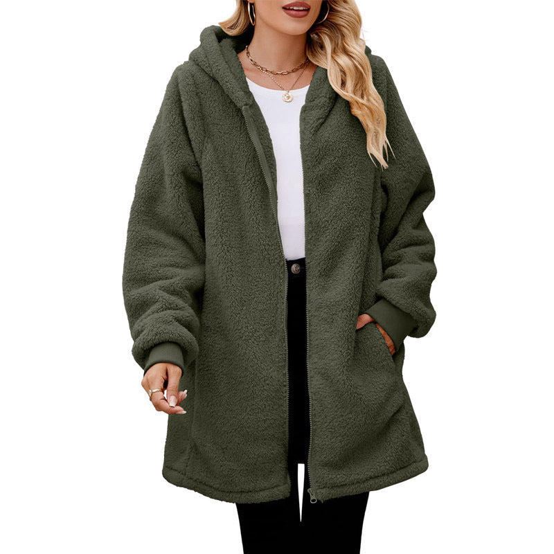 Damen kuschelige Fleecejacke mit Kapuze und Reißverschluss