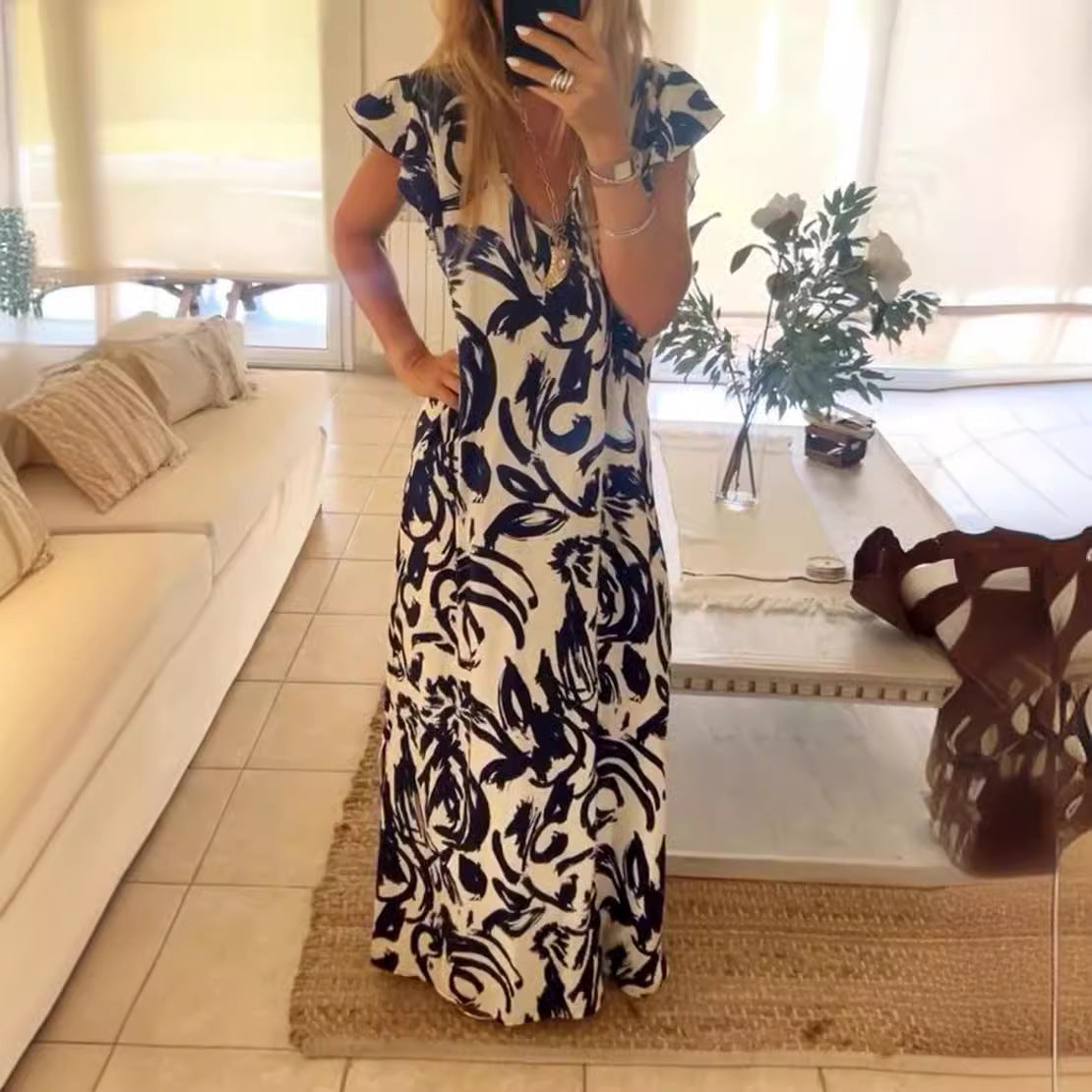 Damen Maxikleid mit voluminösen Ärmeln und elegantem V-Ausschnitt