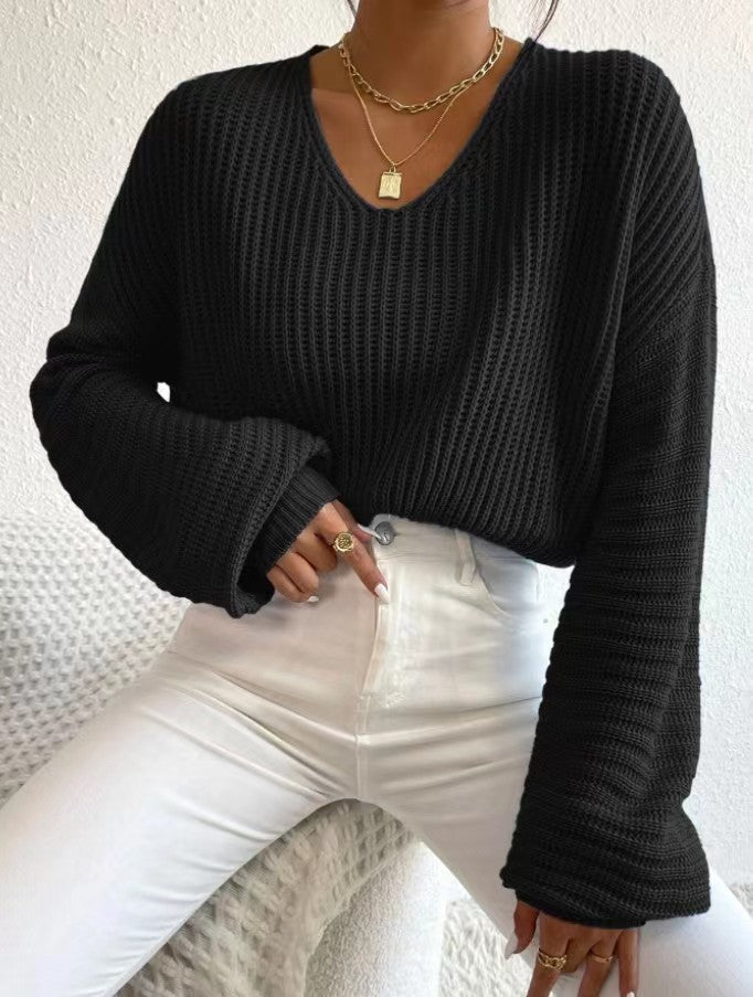 Damen V-Pullover mit weiten Ärmeln und strukturiertem Strickmuster