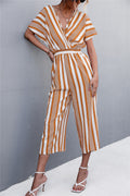 Damen eleganter Jumpsuit mit V-Ausschnitt, breiten Ärmeln und anisstreifendem Design