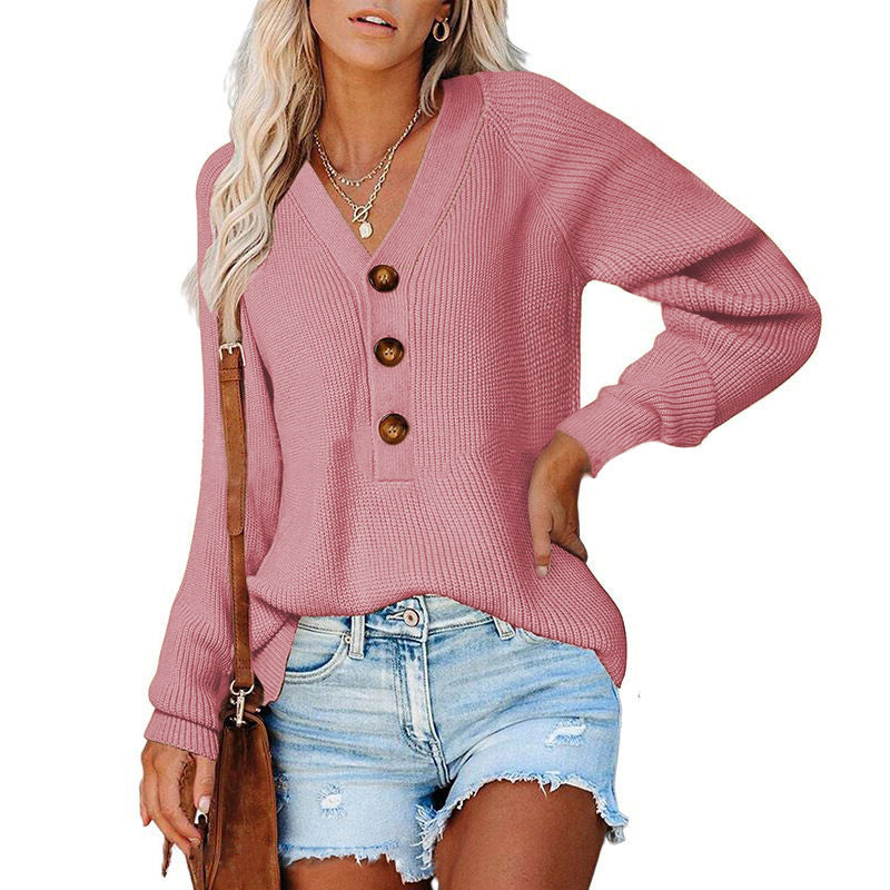 Damen Gerippter Strickpullover mit V‑Ausschnitt, Zierknopfleiste und Ballonärmeln Shop Nory