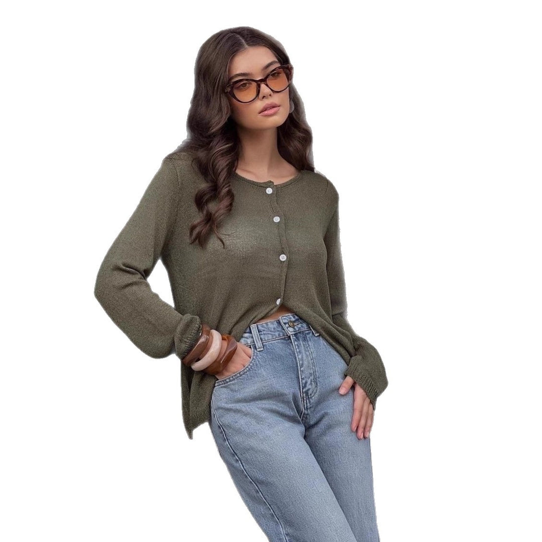 Damen leichter halbtransparenter Feinstrick-Cardigan mit Rundhals und Knopfleiste Shop Nory
