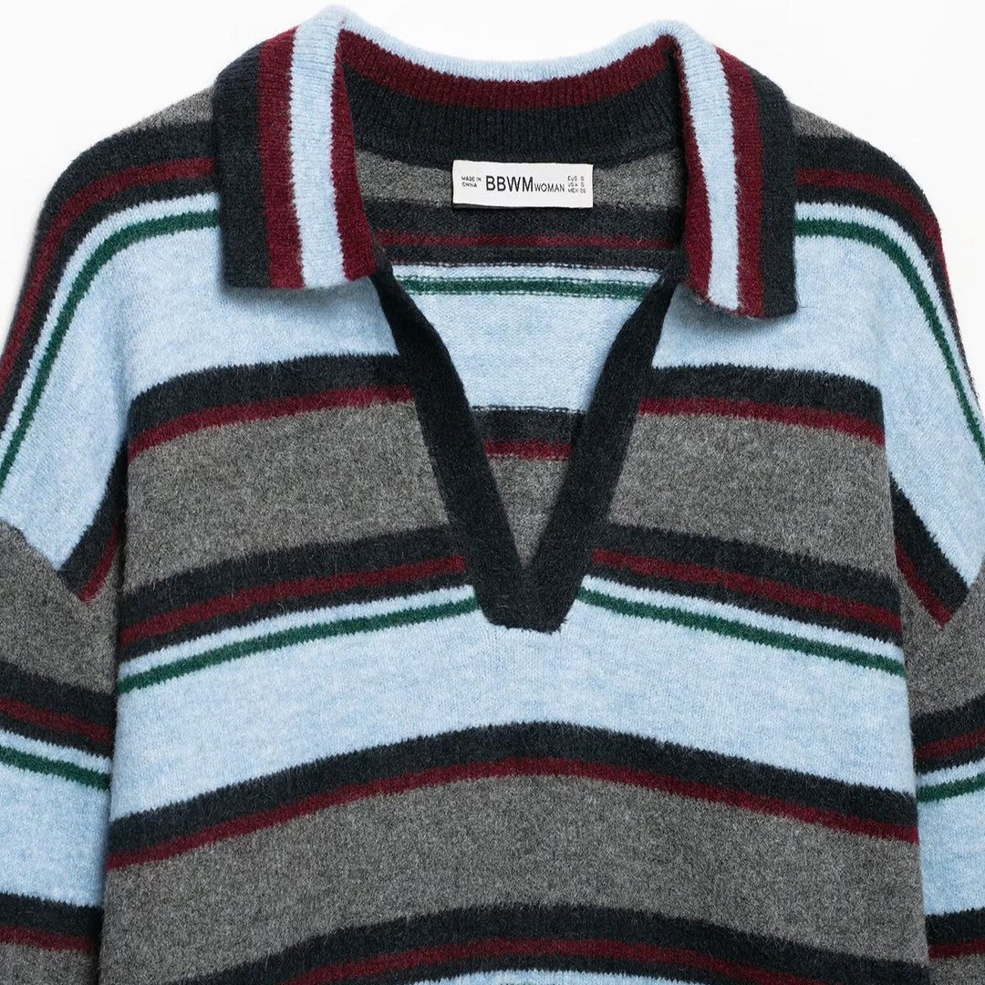 Damen Oversize Ringel-Pullover mit Polokragen und tiefem V‑Ausschnitt Shop Nory