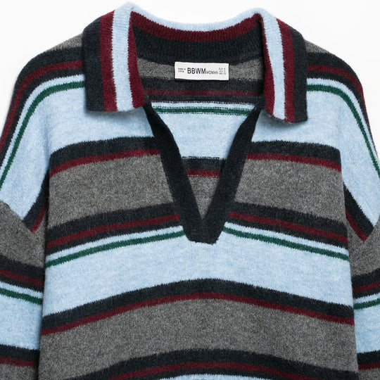 Damen Oversize Ringel-Pullover mit Polokragen und tiefem V‑Ausschnitt Shop Nory