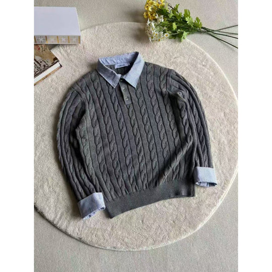 Damen gestrickter Polo-Pullover mit Zopfmuster und eingesetztem Hemdkragen Shop Nory
