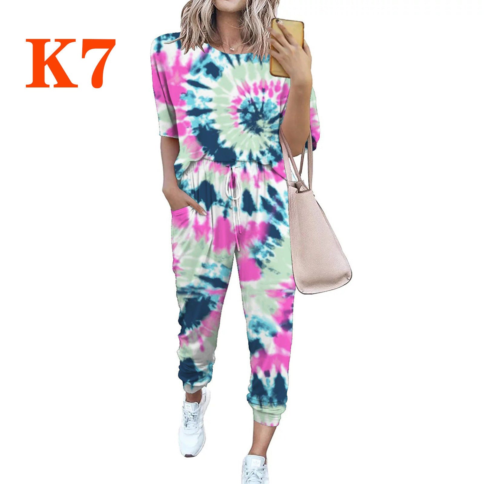 Damen lässiger Jumpsuit mit modischem Batikdesign und praktischen Taschen Shopnory