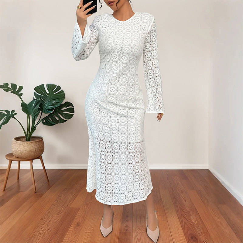 Damen Midikleid aus Häkelspitze mit taillierter Silhouette, Trompetenärmeln und ausgestelltem Saum Shop Nory