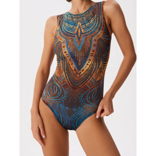 Damen Sportbadeanzug mit modernem Grafikdesign und hohem Neck