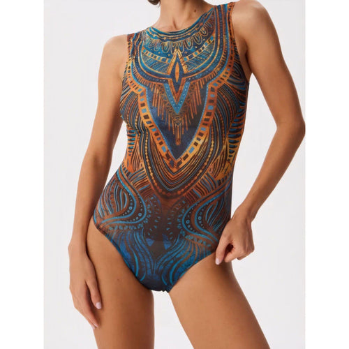 Damen Sportbadeanzug mit modernem Grafikdesign und hohem Neck