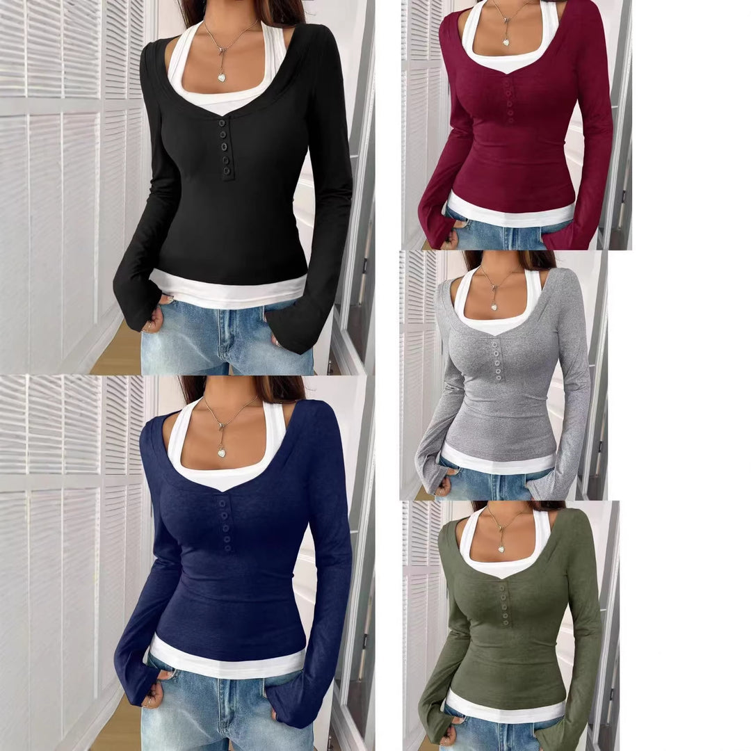 Damen Figurbetontes Langarmshirt mit U-Ausschnitt und Knopfleiste Shop Nory