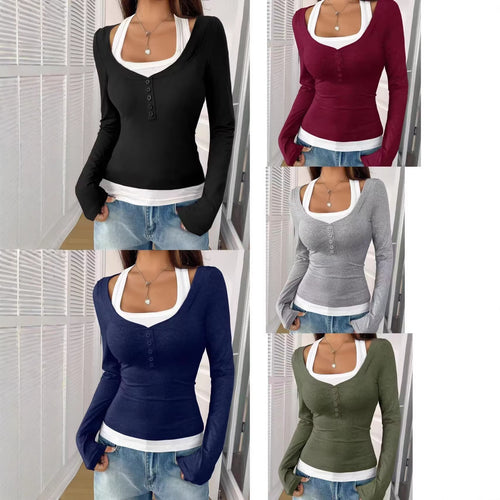 Damen Figurbetontes Langarmshirt mit U-Ausschnitt und Knopfleiste Shop Nory