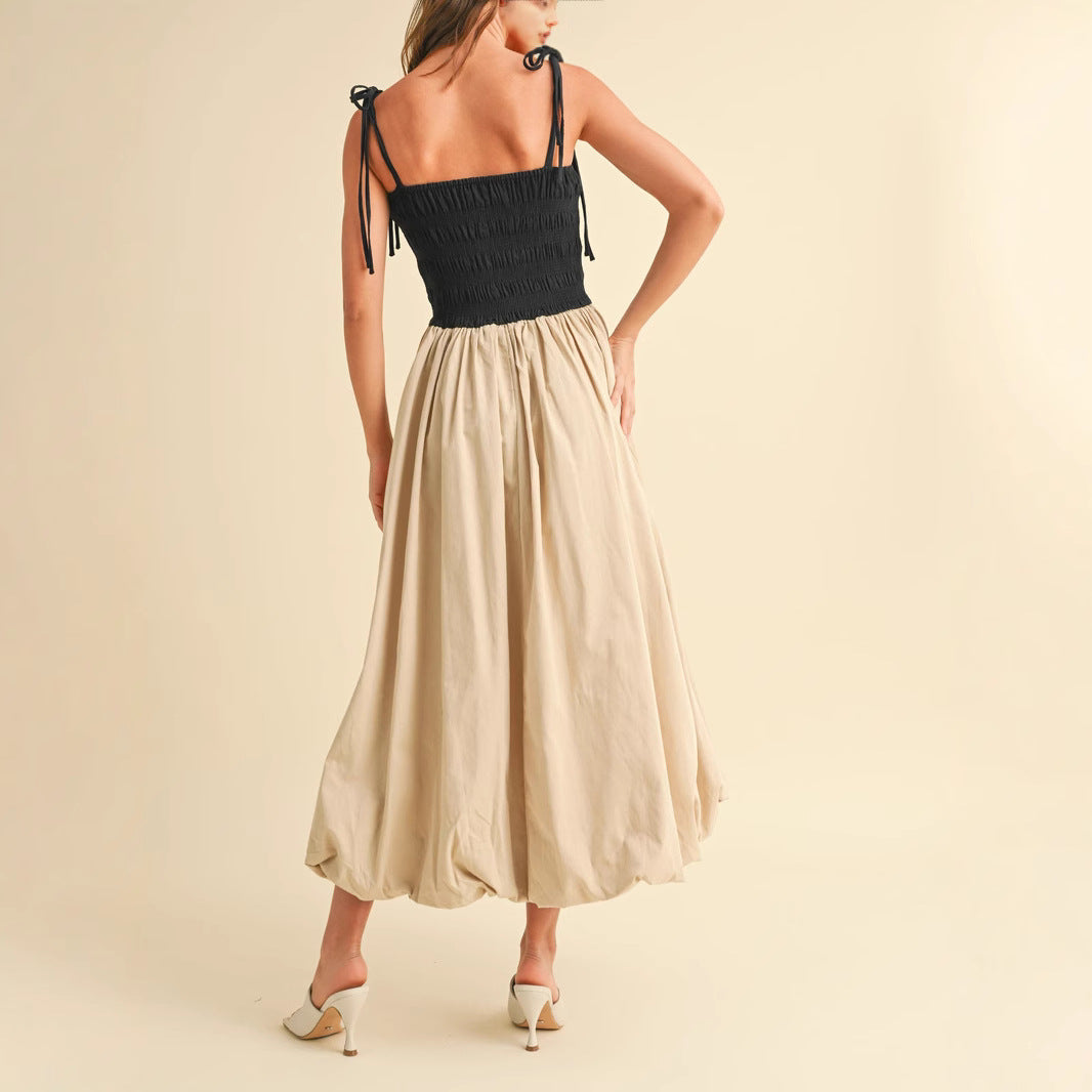 Damen Midikleid mit Smok‑Büste, Bindeträgern und ballonigem Volantrock Shop Nory