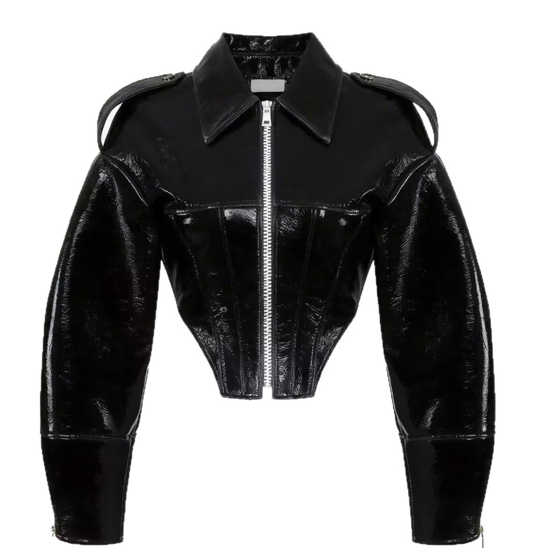 Damen kurz geschnittener Lackoptik-Blouson mit tailliertem Korsett-Schnitt Shop Nory
