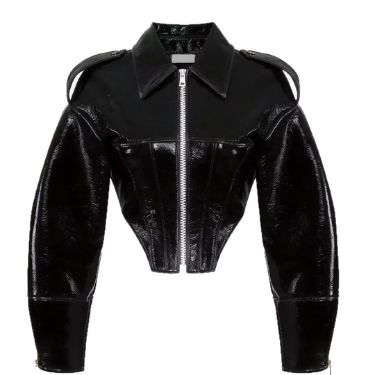 Damen kurz geschnittener Lackoptik-Blouson mit tailliertem Korsett-Schnitt Shop Nory
