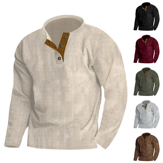 Herren nan gerippter Henley-Pullover mit kurzem Knopfkragen und kontrastierter Veloursbesatz Shop Nory