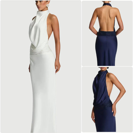 Damen elegantes Abendkleid mit tiefem Wasserfall-Ausschnitt und innovativer Drapierung